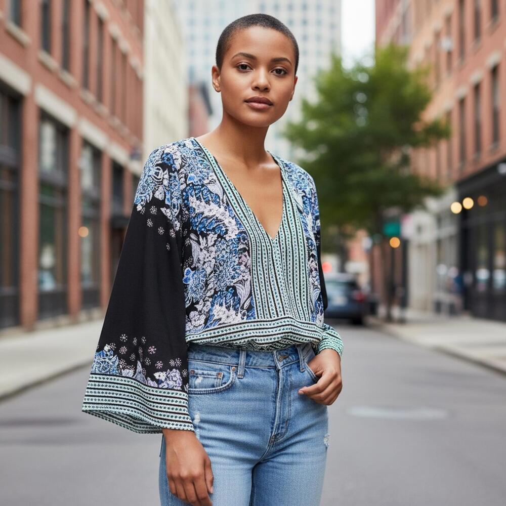 Free People Mix and Match Mixed Print Boho Floral & Stripe V-Neck Crop Top-s